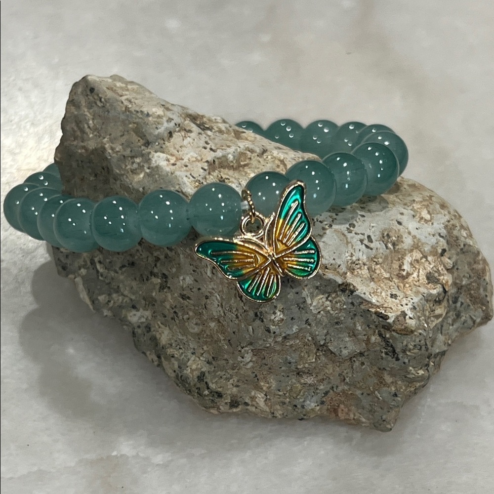 Fairycore Green Beaded Bracelet Butterfly Charm Stretch Stackable Jewelry